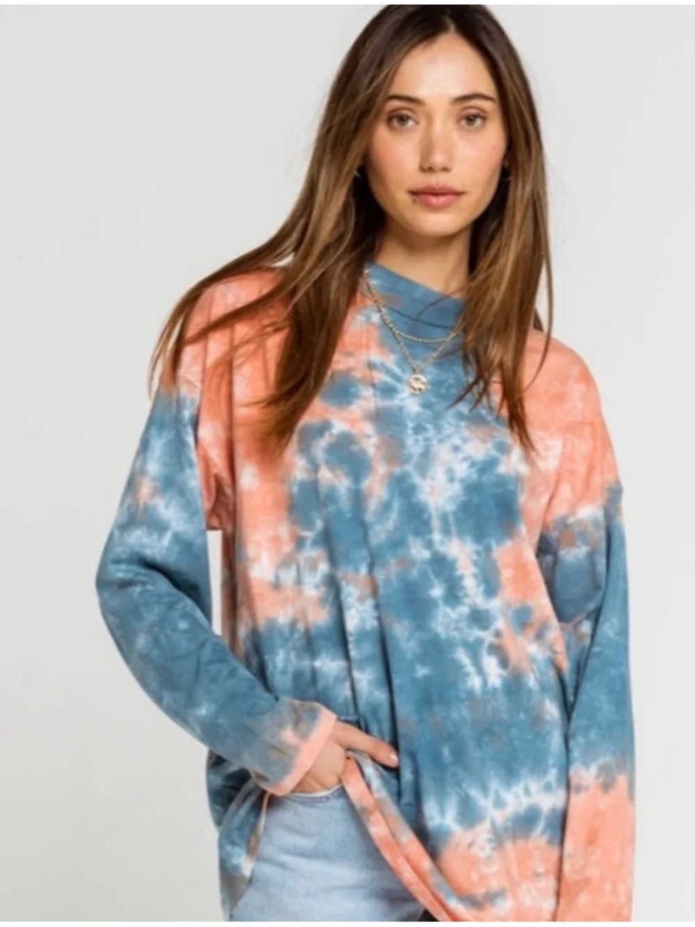 Free People We The Free Women’s S Coral Blue Tie Dye Oversized Long Sleeve Tee